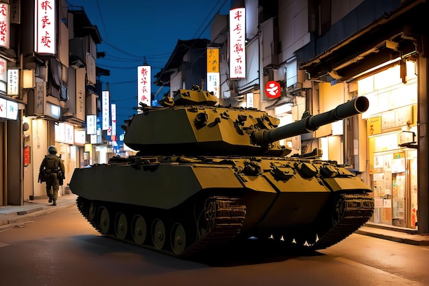 Czołg pancerny w nocy ulicznej w japońskiej sztuce generatywnej autorstwa AI