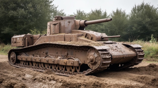 Czołg stoi na brudnym polu z napisem czołg.