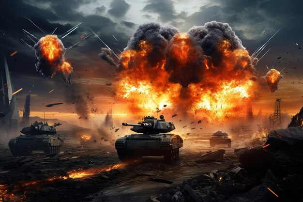 Czołgi i samoloty biegną do bitwy na oblężonej płonącej ziemi.