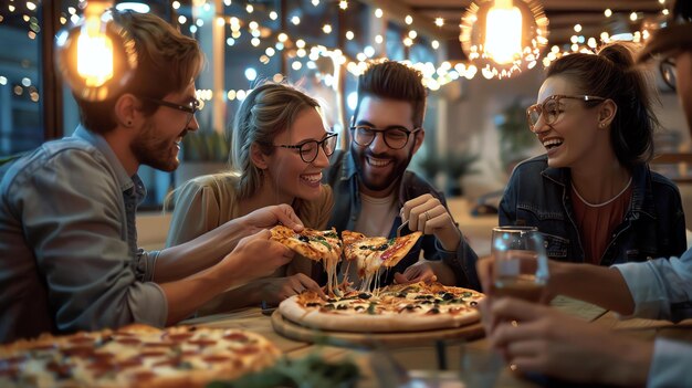 Czterech przyjaciół siedzi wokół stołu w restauracji jedząc pizzę i śmiejąc się