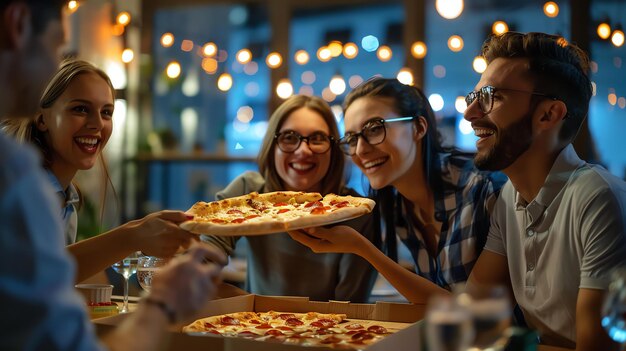 Czterech przyjaciół siedzi wokół stołu w restauracji. Wszyscy się uśmiechają i śmieją i wyglądają, jakby świetnie się bawili.