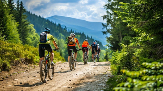 Zdjęcie czterech rowerzystów górskich jeździ po brudnej ścieżce w górach są otoczeni przez wysokie drzewa, a góry są w oddali