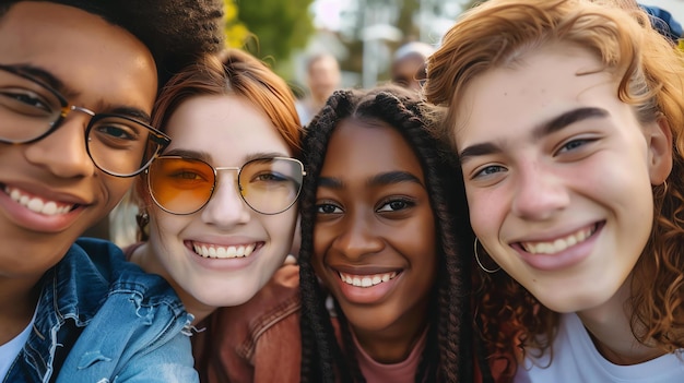 Czterech różnorodnych i szczęśliwych przyjaciół pozujących na selfie na świeżym powietrzu w mieście