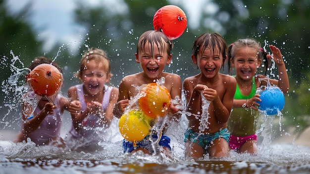 Zdjęcie czterech szczęśliwych dzieci bawi się w wodzie, wszyscy się uśmiechają i śmieją, woda rozpryskuje się wokół nich, świetnie się bawią.