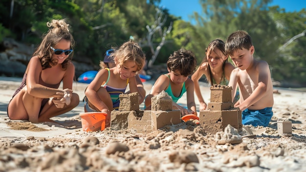 Zdjęcie czterech szczęśliwych dzieci bawiących się razem na plaży budują zamki z piasku i świetnie się bawią