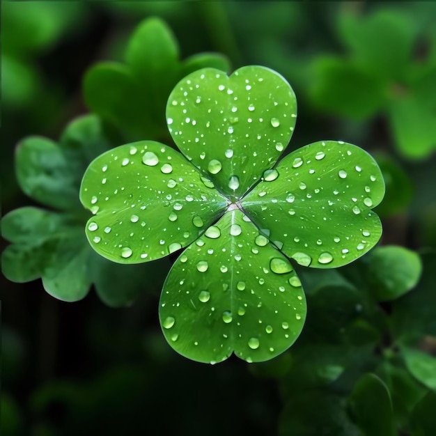 Czterolistna zielona koniczynka z bliska małe kropelki wody rosy Zielona czterolistka jest symbolem Dnia św. Patryka