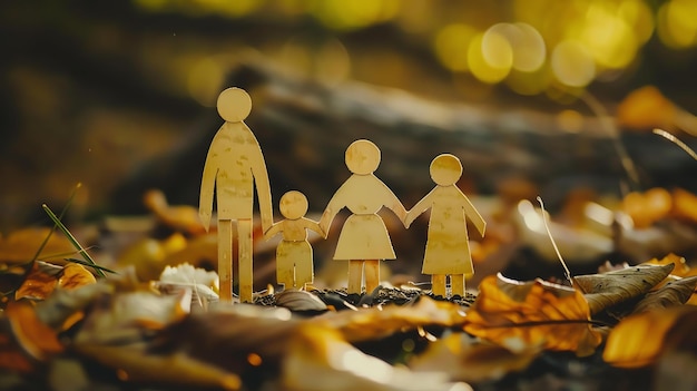 Zdjęcie czteroosobowa drewniana rodzina stoi razem na stosie upadłych liści, słońce świeci przez drzewa, tworząc ciepłą i przyjemną scenę.