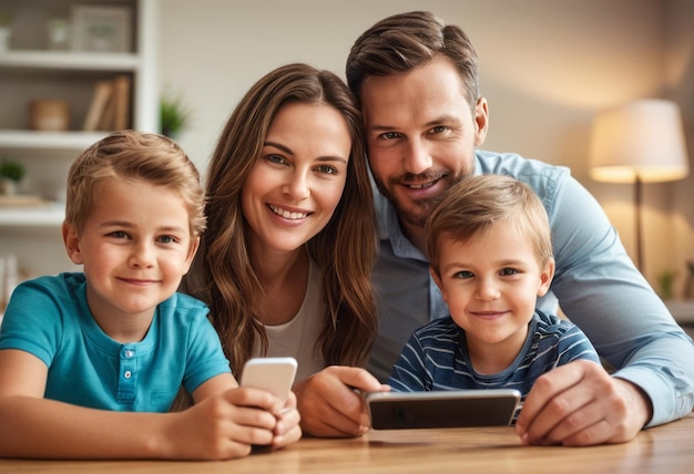 Czteroosobowa rodzina czytająca razem z cyfrowym urządzeniem w domu pokazującą więź rodzinną i miłość do