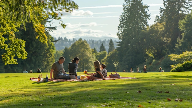 Zdjęcie czteroosobowa rodzina robi piknik w parku w słoneczny dzień siedzą na koce jedzą i rozmawiają są drzewa i zieleni w tle