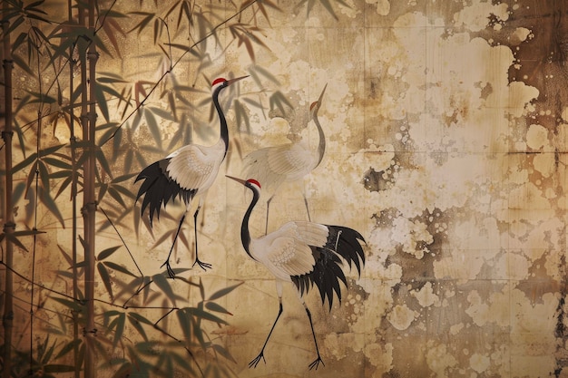 Czteropanelowy ekran z bambusem i żurawami eleganckie ptaki stoją pośród liści z rozciągniętymi skrzydłami