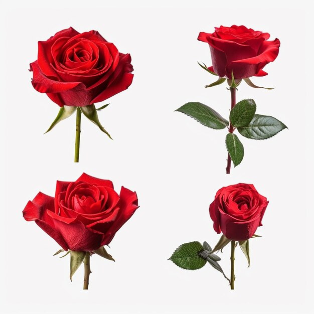 Cztery czerwone róże są pokazane z zielonym liściem na łodydze.
