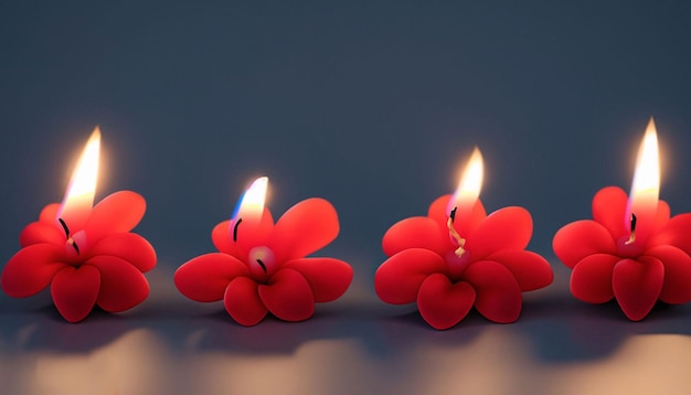 Cztery czerwone świece z białym kwiatem na spodzie.