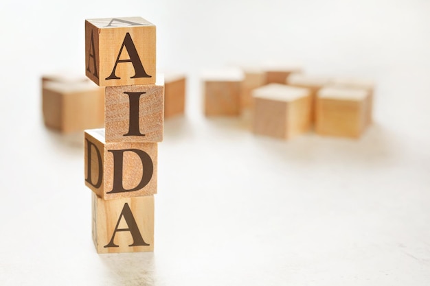 Cztery drewniane kostki ułożone w stos z literami AIDA (co oznacza Awareness Interest Desire Action), miejsce na tekst/obraz w prawym dolnym rogu