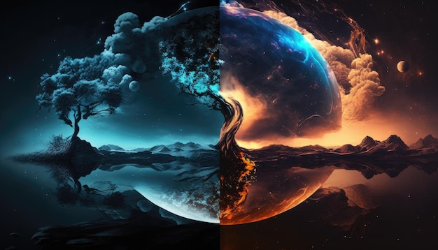 Cztery elementy wszechświata są pokazane w różnych kolorach.