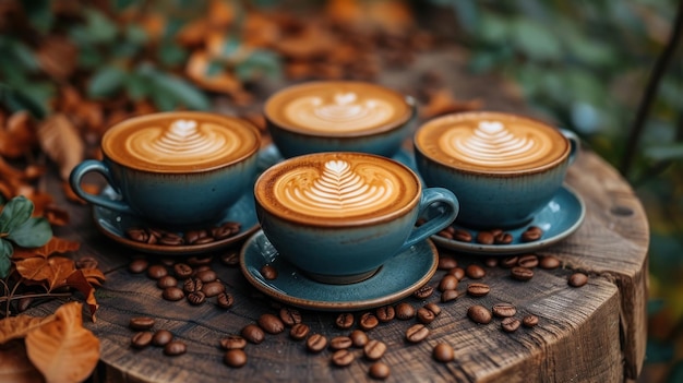 Cztery filiżanki cappuccino z latte art na drewnianym stole