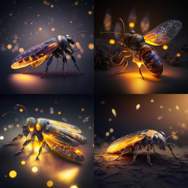 Zdjęcie cztery ilustracje pszczoły i świetlika