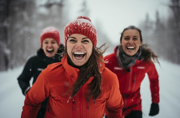 Zdjęcie cztery kobiety śmieją się biegając po śniegu