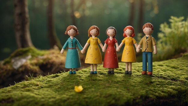 Cztery kobiety w kolorowych sukniach trzymające się za ręce w lesie