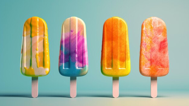 Cztery kolorowe popsicles z różnymi smakami lodów na patyku Generative ai