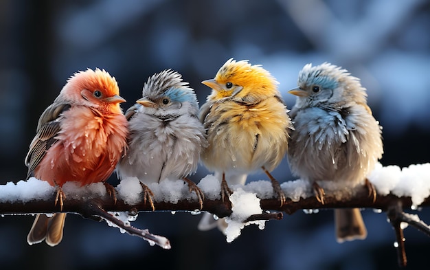 cztery kolorowe, puszyste ptaki