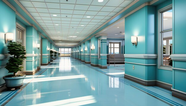 Zdjęcie cztery łóżka szpitalne w pustym korytarzu