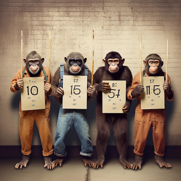 Zdjęcie cztery małpy trzymające znaki z napisem 10 i 10