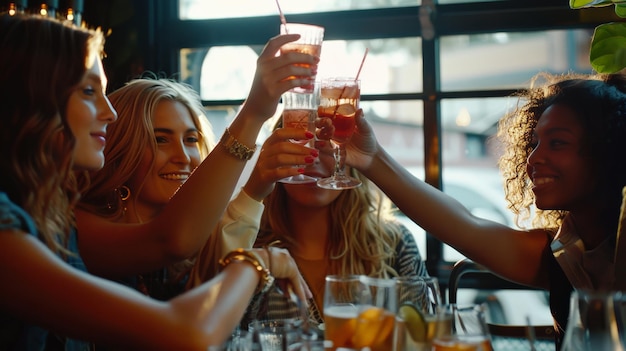 Cztery młode przyjaciółki spotykają się na drinka i jedzenie, robią toast w restauracji.