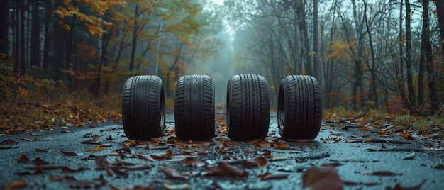 Zdjęcie cztery nowe opony samochodowe ustawione w kolejce na pustej leśnej drodze