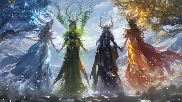 Zdjęcie cztery piękne kobiety reprezentujące cztery pory roku stoją razem w magicznym lesie.