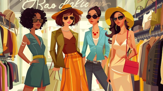 Cztery piękne kobiety stoją w sklepie z odzieżą. Wszystkie noszą eleganckie ubrania i okulary przeciwsłoneczne.