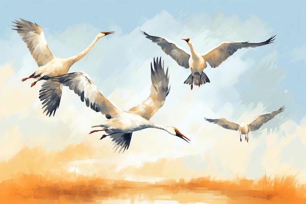 Cztery ptaki latają na niebie nad wodą.
