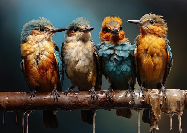 Zdjęcie cztery ptaki siedzą na gałęzi, z których jedna ma liczbę 5