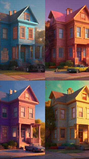 Zdjęcie cztery różne kolorowe domy w rzędzie z samochodem zaparkowanym przed generatywnym ai