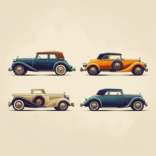 Zdjęcie cztery różne kolorowe samochody są pokazane w rzędzie na beżowym tle generatywnym ai