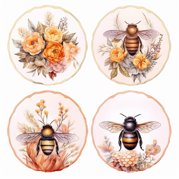cztery różne obrazy pszczół i kwiatów w okręgu generatywnym ai