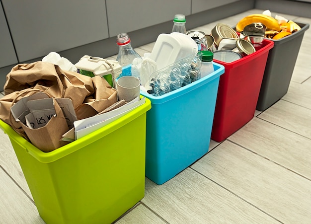 Zdjęcie cztery różne pojemniki do sortowania śmieci. do odpadów plastikowych, papierowych, metalowych i organicznych