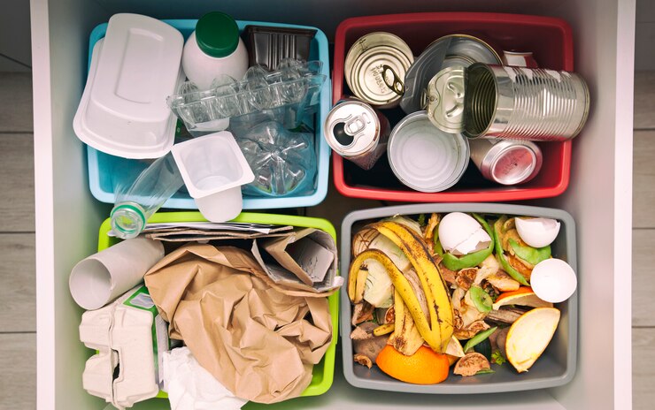 Cztery różne pojemniki do sortowania śmieci. Do plastiku, papieru, metalu i odpadów organicznych