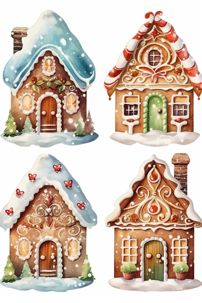cztery różne typy domków z piernika z dekoracjami generativ ai