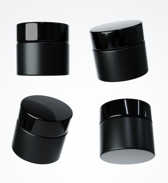 Cztery różne widoki błyszczącego czarnego plastikowego słoika z kremem z nakrętką 3D renderują opakowanie produktu kosmetycznego na białym tle