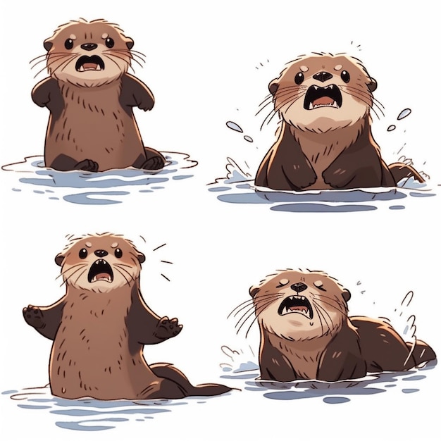 Cztery rysunkowe wydry siedzą w wodzie, a jedna płacze generatywnie ai