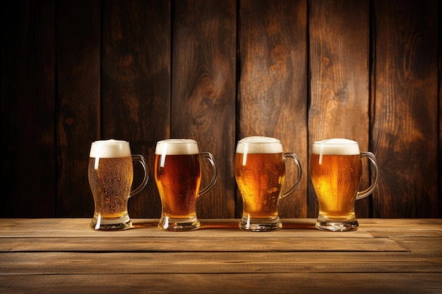 Cztery szklanki piwa na drewniane tła