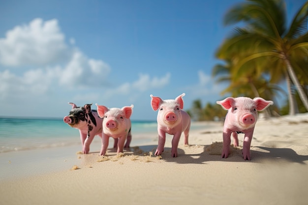 Cztery zabawne świnie na plaży na Bahamach generatywne IA