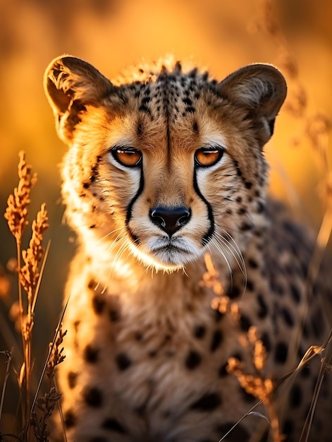 Czujna twarz geparda pośród wysokiej trawy w złotym świetle Hiperrealistyczna ilustracja Photo Art