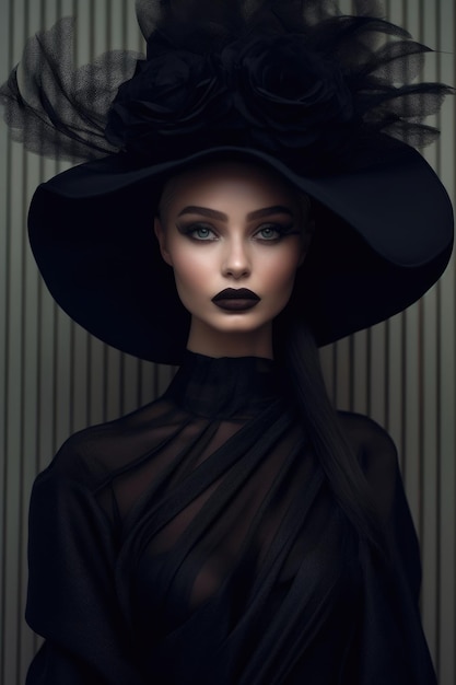 Czulna i erotyczna piękność w czarnych ubraniach i czarnej magii