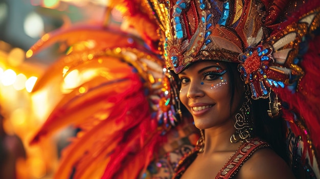 Czulna i urocza kobieta uczestnica karnawału w Rio w niesamowitym kostiumie
