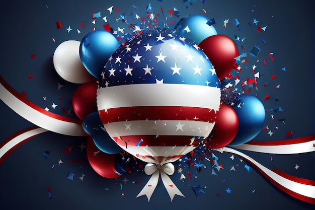 Czwartego lipca dzień niepodległości usa z balonową wstążką konfetti fajerwerków Generative Ai