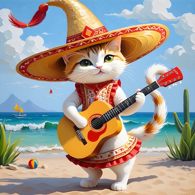 Czy nie jest urocze widzieć śmiałego, uroczego kota fortuny noszącego sombrero i grającego na gitarze?