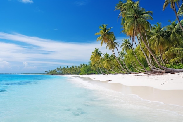 Czysta, biała piaszczysta plaża wyłożona palmami i czystą, turkusową wodą pod niebieskim niebem