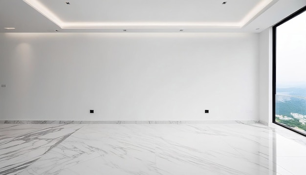 Czysta biała ściana i marmurowa podłoga w nowoczesnym mieszkaniu elegancki dekor
