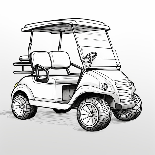 Czysta i ostra grafika liniowa wózka golfowego na białym tle